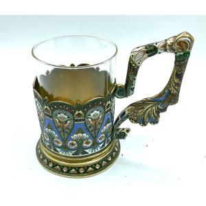 Russian Antique Silver Enamel Tea Glass Holder In Polychrome Champlève Enamel 