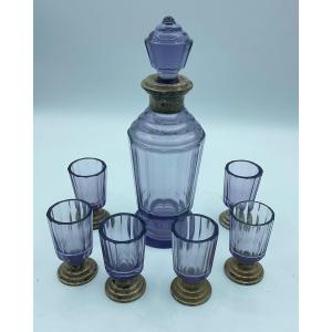 Antique Moser Glass Liquor Set In Amethyst Color Silver Mounted