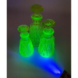 Antique Baccarat Uranium Glass Set Of 3 Perfume Bottles,perfect 
