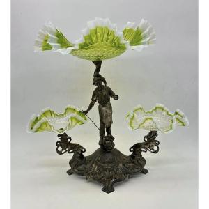  Centre De Table Art Nouveau Avec 3 Coupes En Verre Vert Opalescent