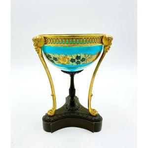 French Opaline Turquoise Bowl Bronze Decorated Cherubs,period Charles X