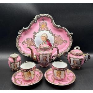 Tete-a-tete French  Porcelain Silver Inlay,depicts Portraits Of Marrie Antoinette 