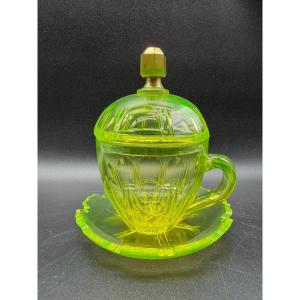 Antique Bohemian Uranium Glass Covered Cup And Saucer, Sahleplik For Middle East Market