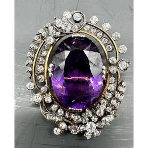 Victorian Large Gold Brooch With Large Amethyst And Diamonds