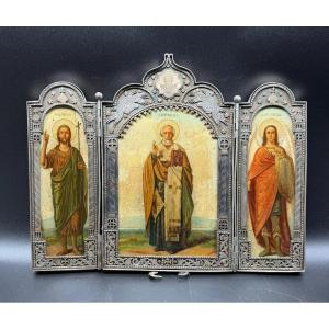 Grande icône russe en argent du XIXe siècle, Saint Nicolas, Saint Jean, Saint Michel, Triptyque