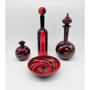 Murano By Archimede Seguso - Italian Art Glass Set With Black And Red Swirls, Signed
