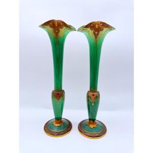 Pair Of Art Nouveau Opaline Vases In Malachite Colour Moser,harrach.