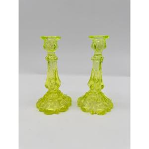 Pair Of Baccarat Uranium Candle Sticks,xix Century