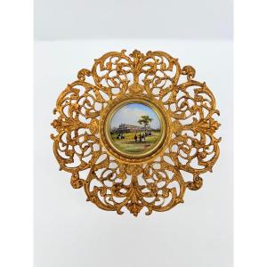 Grand Tour français tazza en bronze  avec une miniature ,XIXeme