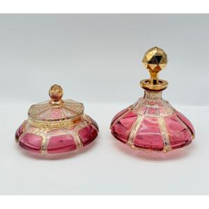 Moser cabochon verre,Flacon de parfum  et boîte, XIXe siècle  