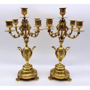 Paire De Chandeliers En Bronze Doré, époque XIX ème