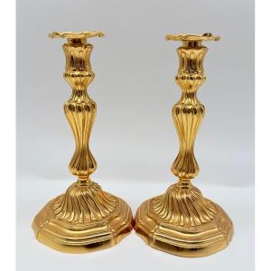 Paire De Chandeliers En Bronze Doré, époque Charles X