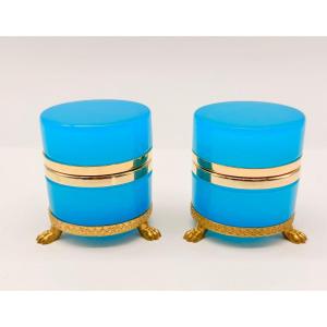 Pair Of Round French Opaline Glass Boxes Resting On Lion-shaped Feet