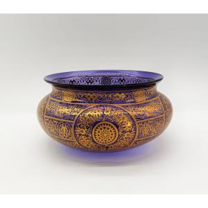 Large Moser Glass Bowl, Centrepiece In Dark Amethyst  With Gold Motifs