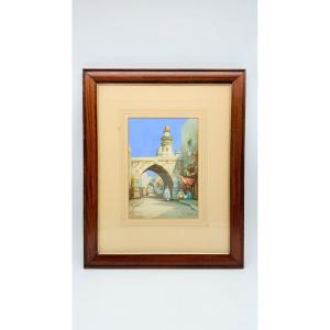 Aquarelle orientaliste représentant une scène de rue en Algérie, de Cyril Hardy, signée