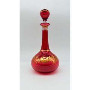 Antique Bohemian Ruby Glass Jug With Gilded Decoration