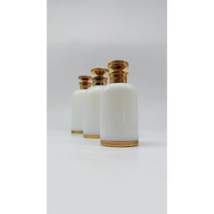 Set Of Three Iridescent Opaline “bulle De Savon” Toilet Bottles, France, 20th Century