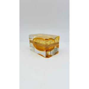 Murano Blown And Cut Glass Box With Amber Interior, Italy, 20th Century