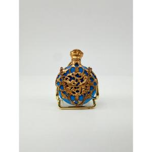Rare Turquoise Blue Opaline Pocket Scent Bottle With Gilt Cage Mount, Napoleon III Period