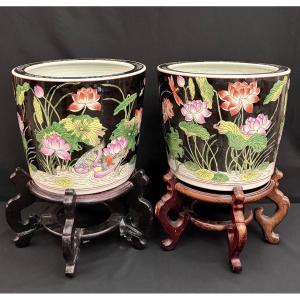 Pair Of Large Black-ground Porcelain Jardinieres In The Famille Rose Style, China, 20th Century
