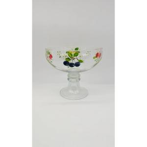 Bohemian Enamelled Glass Footed Bowl With Fruit Decoration, 20th Century