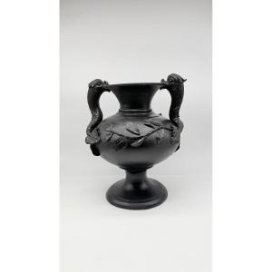 Italian Grand Tour Black-glazed Terracotta Urn With Dolphin Handles, 19th Century