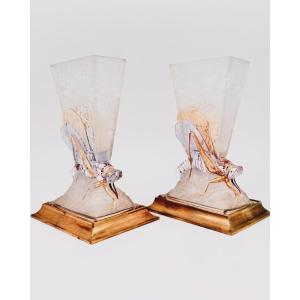 A Pair Of Baccarat ‘sauterelle’ Moulded, Frosted And Enamelled Crystal Vases, 1878