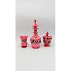 A French Pink And White Opaline Glass Toilette Garniture, Napoléon III Period
