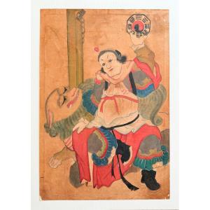 École coréenne, fin XIXe–début XXe siècle — Divinité taoïste au Bagua et lion céleste