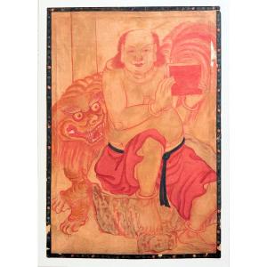 Korean School, Late 19th–early 20th Century — Seated Luohan With A Buddhist Guardian Lion