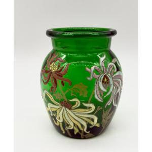 Vase émaillé en verre vert Art Nouveau, Legras-Montgeoye