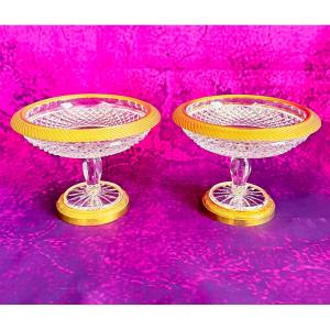 Charles X Pair Of French Baccarat Cut Crystal Tazza With Gilt Bronze Mounts