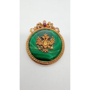 Russian Work, Late 19th–early 20th Century, Malachite And Gilt-silver Imperial Eagle Pendant