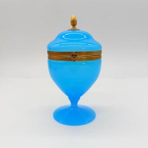 French Or Bohemian 19th-century Turquoise Blue Opaline Covered Pedestal Bowl