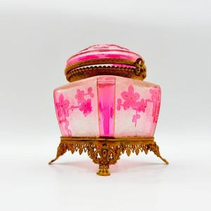 French Baccarat Japanesque Cranberry Glass Jewelry Casket, Early Art Nouveau, Circa 1890