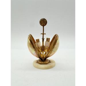 French 19th-century Mother-of-pearl Egg-shaped Perfume Caddy On Alabaster Base