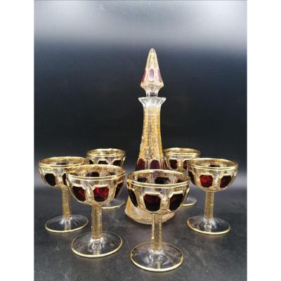 Very Rare Bohemian Glass Set  Cabochon Ruby Champagne Glass 19th / Flute Covered With 24k Gold, Set Of 6