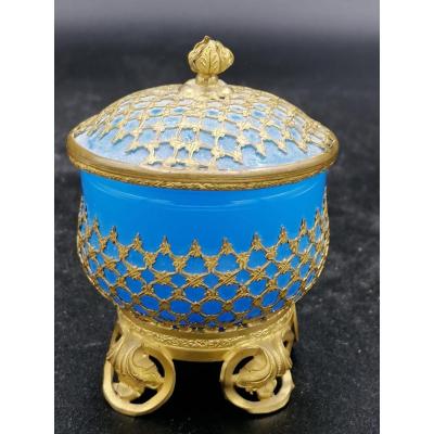 Palays Royale Box In Blue Opaline And Gold Brass Frame