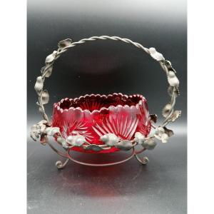 Antique Czech Bohemian Crystal Fruit Bowl In Pigeon Blood Red Color