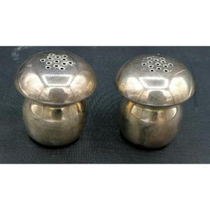 Pair Of Salt Pepper Sitting In Silver Mushroom Shaped