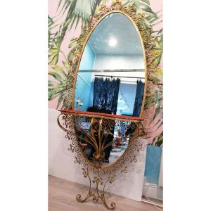 French Antique Mirror In Gilded Glass With Consolle, Very Large