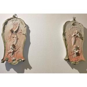 Art Nouveau Pair Of Art Nouveau Bas Relief Biscuit Plates, A.mucha