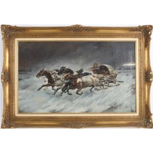 Russian Antique Painting By Constantin Stoiloff 1850-1924 Large Oil Painting On Canvas Representing Horses