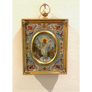 Antique Russian Icon With Oklad In Silver And Enamel Cloisonne The Resurrection