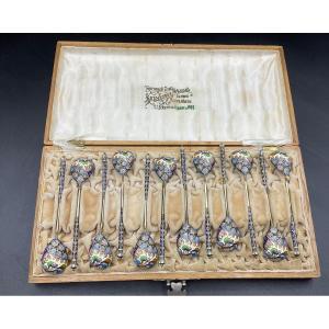 Set Of 12 Antique Russian Imperial Enamel Spoons In Original Box