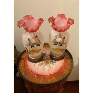 Pair Of Ruffled Edge French Opaline Vases In Painted Rose And Gold