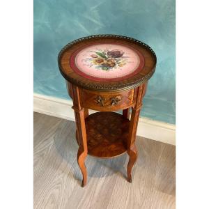 Antique Marquetry Coffee Table With Porcelain Tray, XIX Century