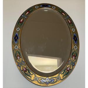 Miroir Ovale En Bronze Doré à Décor émaillé Champlevé,xix Siecle