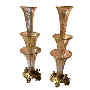 Pair Of French Glass Centerpieces On Bronze Cherub Base, 68 Cm