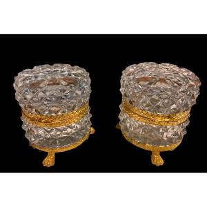 Pair Of Baccarat Cut Crystal Boxes Mounted In Bronze